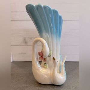 Vintage Kitsch Tall Swans Rose Floral Blue Lustreware Vase With Sculpted Roses